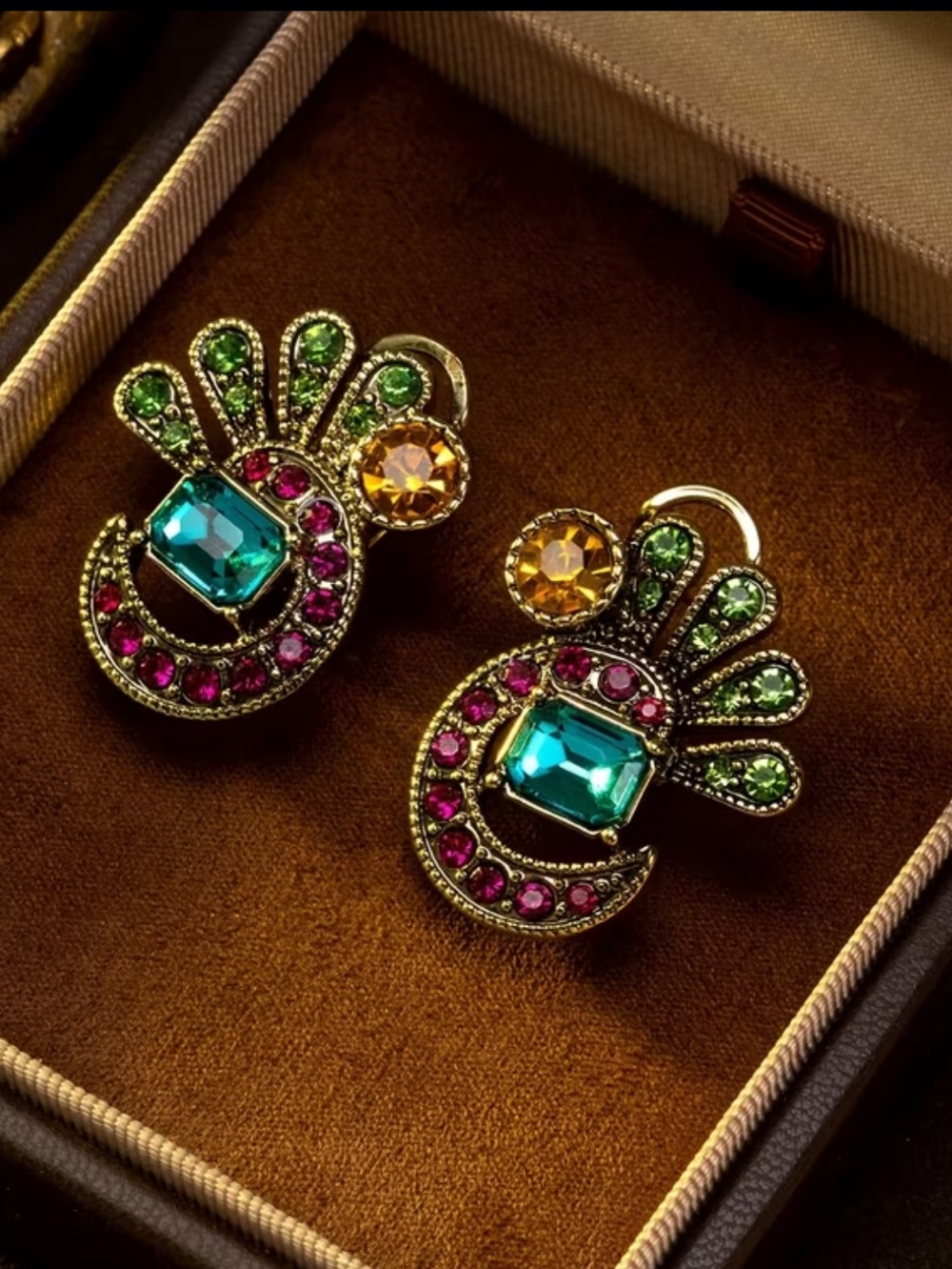 Heidi Davs Multicolor Crystal Fan Drop Omega back stud Earrings  NEW